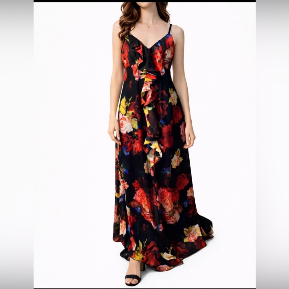 Ted Baker Long Floral Maxi Ruffle Dress 5 US XL Flowy Strappy NEW